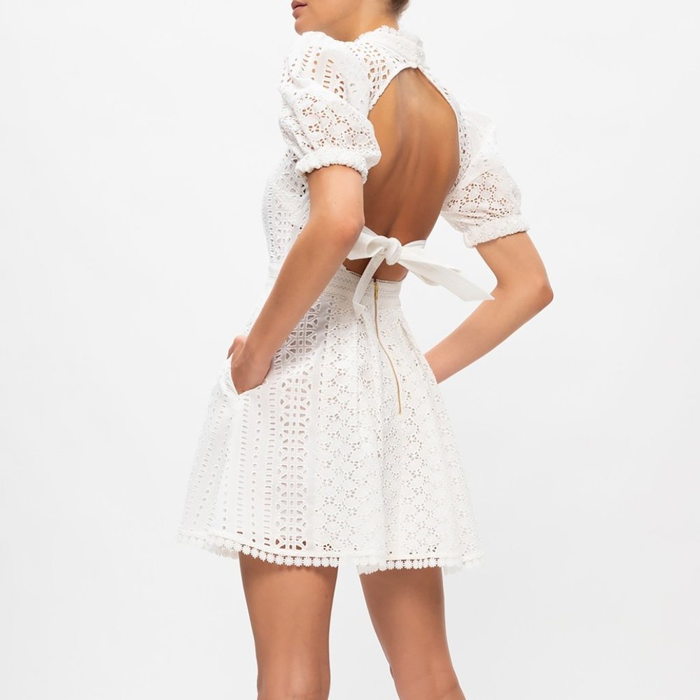 Self Portrait white lace open back mini dress